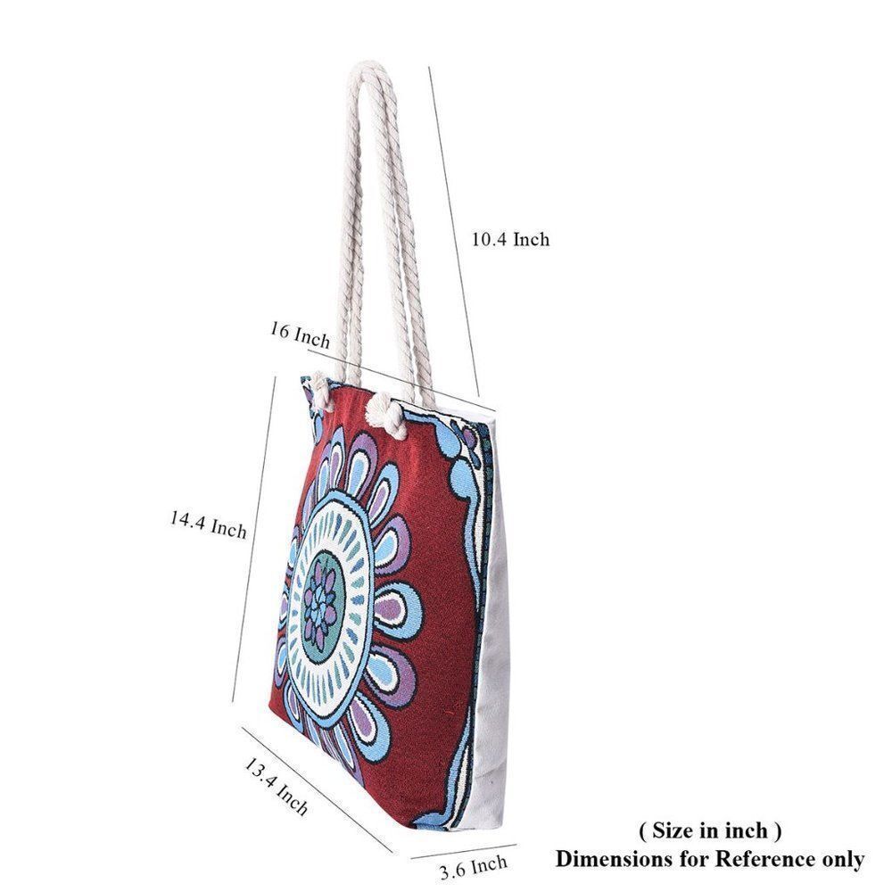Flower Pattern Jute Tote Bag Maroon - Picture 6 of 6